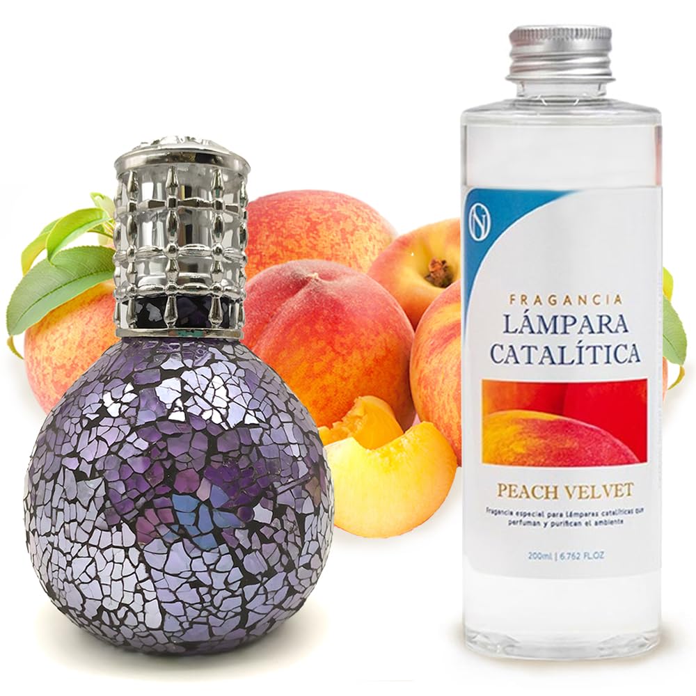 Pack Ahorro Lámpara Catalítica Mosaico Azul Océano + Fragancia Aroma Peach Velvet 500ml. Elimina malos olores e impurezas, perfuma y limpia.