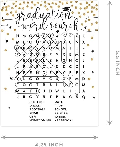 Miniatura 5 de Andaz Press Colección de fiesta de graduación con purpurina blanca y dorada, tarjetas de juego de graduación de búsqueda de palabras, paquete de 20