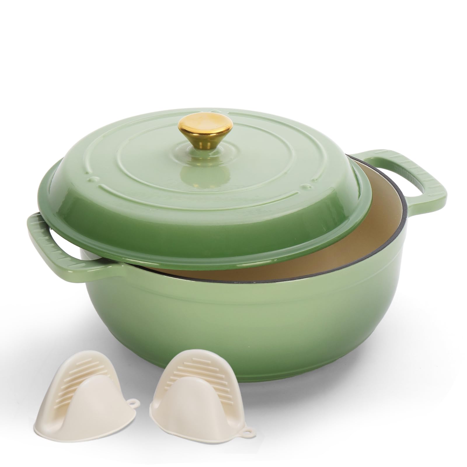 ROVSON Enamelled Cast Iron Dutch Oven, Casserole Dish with Lid and Silicone Gloves, Oven Safe Pot for Bread Baking, Braising and Stews (Gradient Green, 5QT)