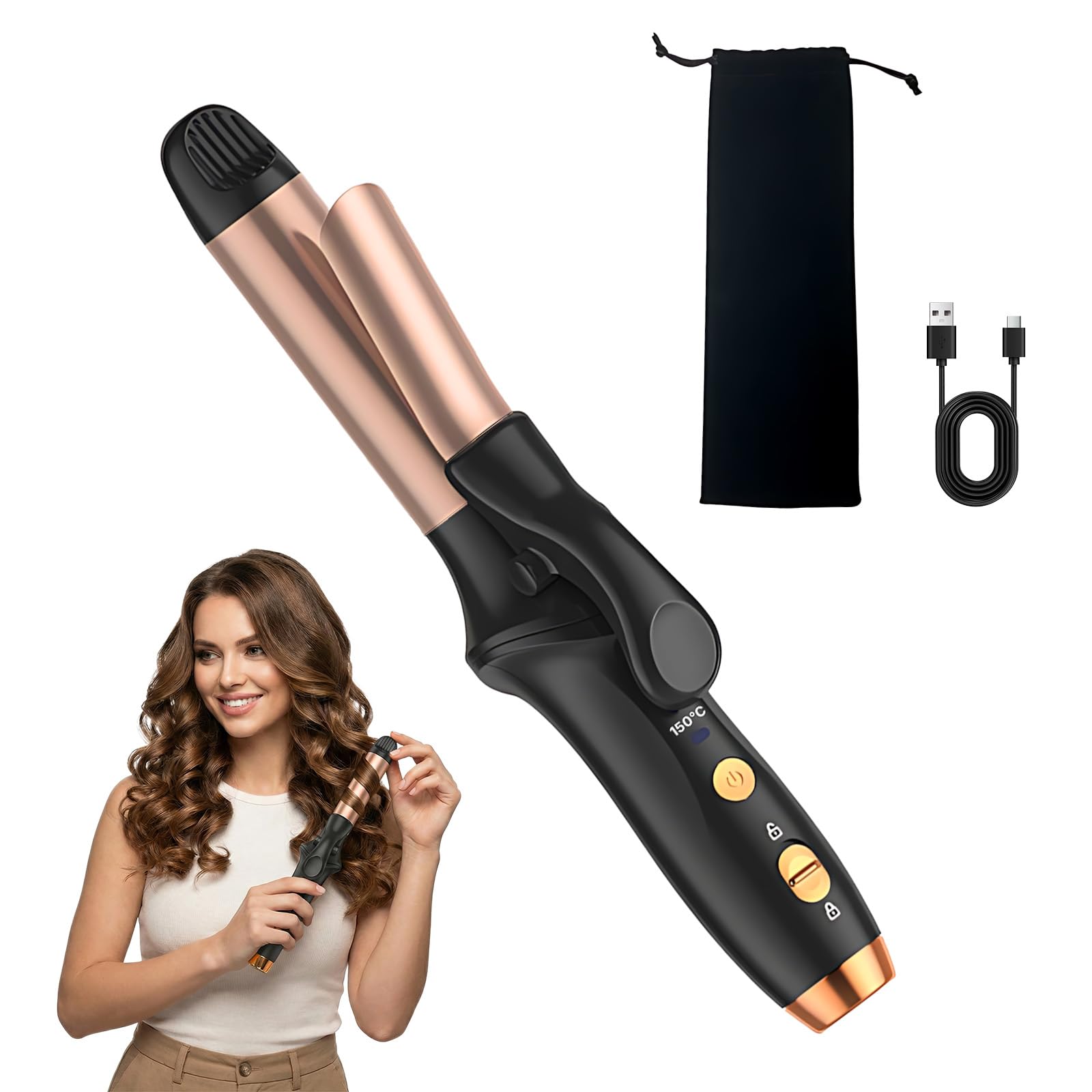 Rizador de pelo inalámbrico de 25 mm para ondas y rizos naturales, varita rizadora inalámbrica de cerámica con 3 velocidades de temperatura, mini rizadores de viaje de 4000 mAh con bolsa de