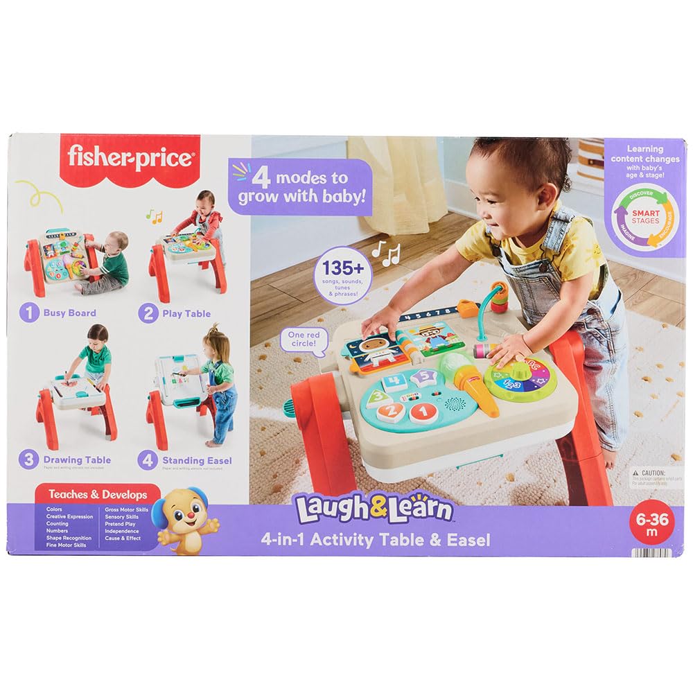 Fisher-Price Laugh & Learn Stół do ćwiczeń 4 w 1 i sztaluga artystyczna z muzyką edukacyjną dla chłopców i dziewcząt od 6 miesięcy, wersja wielojęzyczna, JGW89