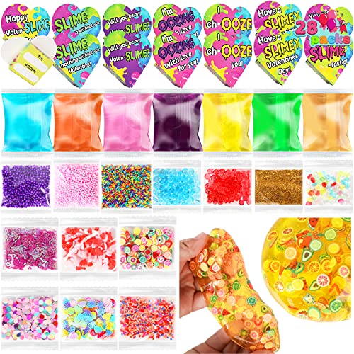 28 Packs Valentines Day DIY Slime Kit with Heart Boxes, Kids DIY Slime with Glitter Combo Valentine Gift Stress Relief Toys Kids Valentine Classroom Exchange, Party Favor Game Prizes