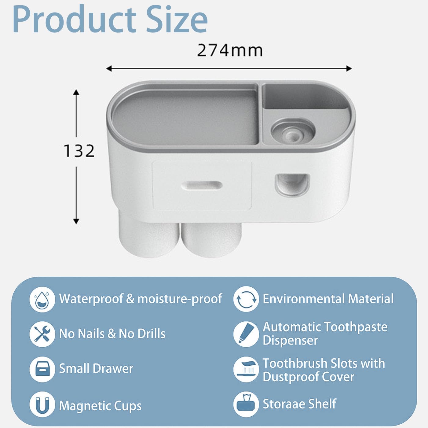 Dispenser Automatico Dentifricio E Portaspazzolino Da Parete - Con 4 Slot E 2 Bicchieri, Per Bagno - Foto 2