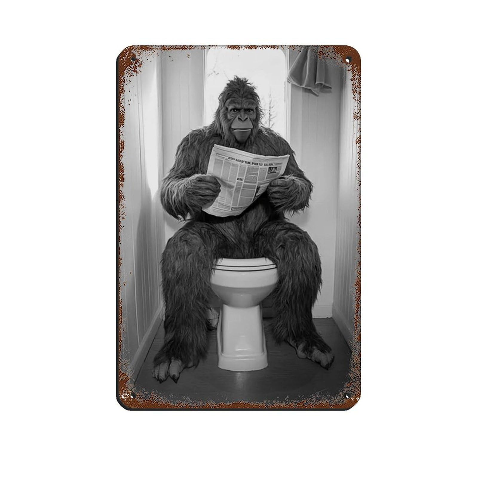 Lxwnze 20L X 30W Cm Sasquatch Sitting On The Toilet Reading A Newspaper Tin Sign Vintage Metal Pub Club Cafe Bar Home Wall Art Decoration Poster Retro 8X12inch(20X30cm)