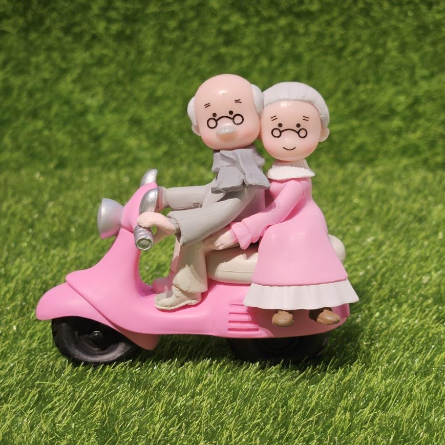 Image of Vintage Decorative Miniature Couple on Scooter Figurine, PVC Garden Ornament, Romantic Home Decor Collection Piece