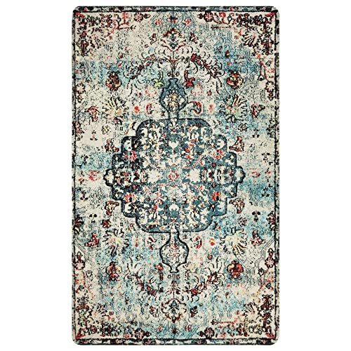 Lahome Bohemian Floral Medallion Area Rug - 3x5 Vintage Teal Distressed Entry Throw Rug Turkish Faux Wool Accent Rug Non-Slip Washable Low-Pile Carpet for Bathroom Entrance Living Bedroom 3'