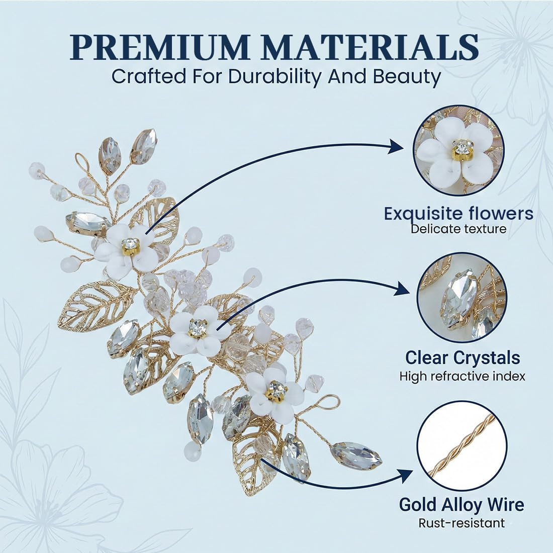 Peineta para Novia con Adornos de Flores, Accesorios de Pelo Elegantes para Boda, Peinetas Decorativas para Mujeres y Niñas (Oro)