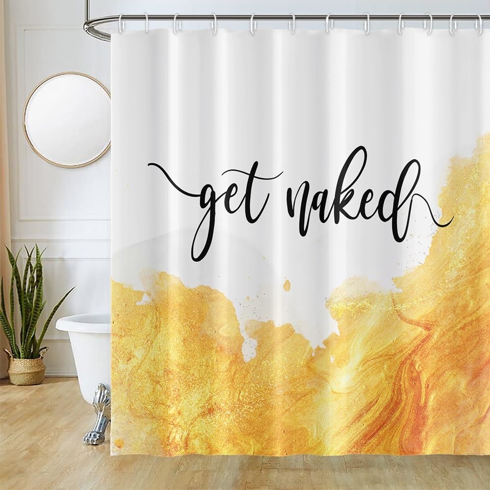 Shower Curtain Yellow, Uiiooazy Shower Curtain Effect Marble Get Naked Bath Curtain Mould Proof and Mildew Resistant Waterproof Polyester Fabric Washable Opaque Bathroom Curtain with Hooks 180Wx220Lcm
