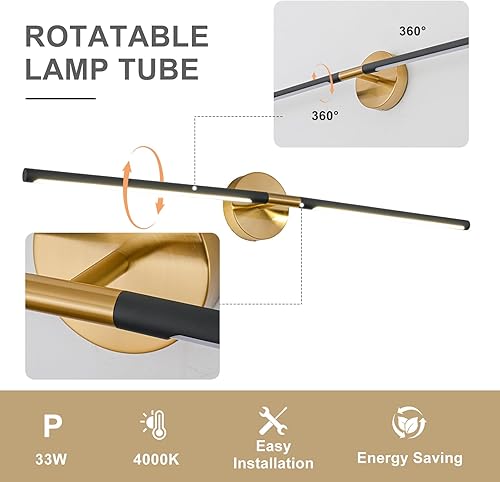 Miniatura 10 de LINSEEDS Moderna lámpara de baño sobre espejo de 24 pulgadas, 18 W, 360, giratoria, regulable, 4000 K, luces LED de tocador de baño negras y doradas