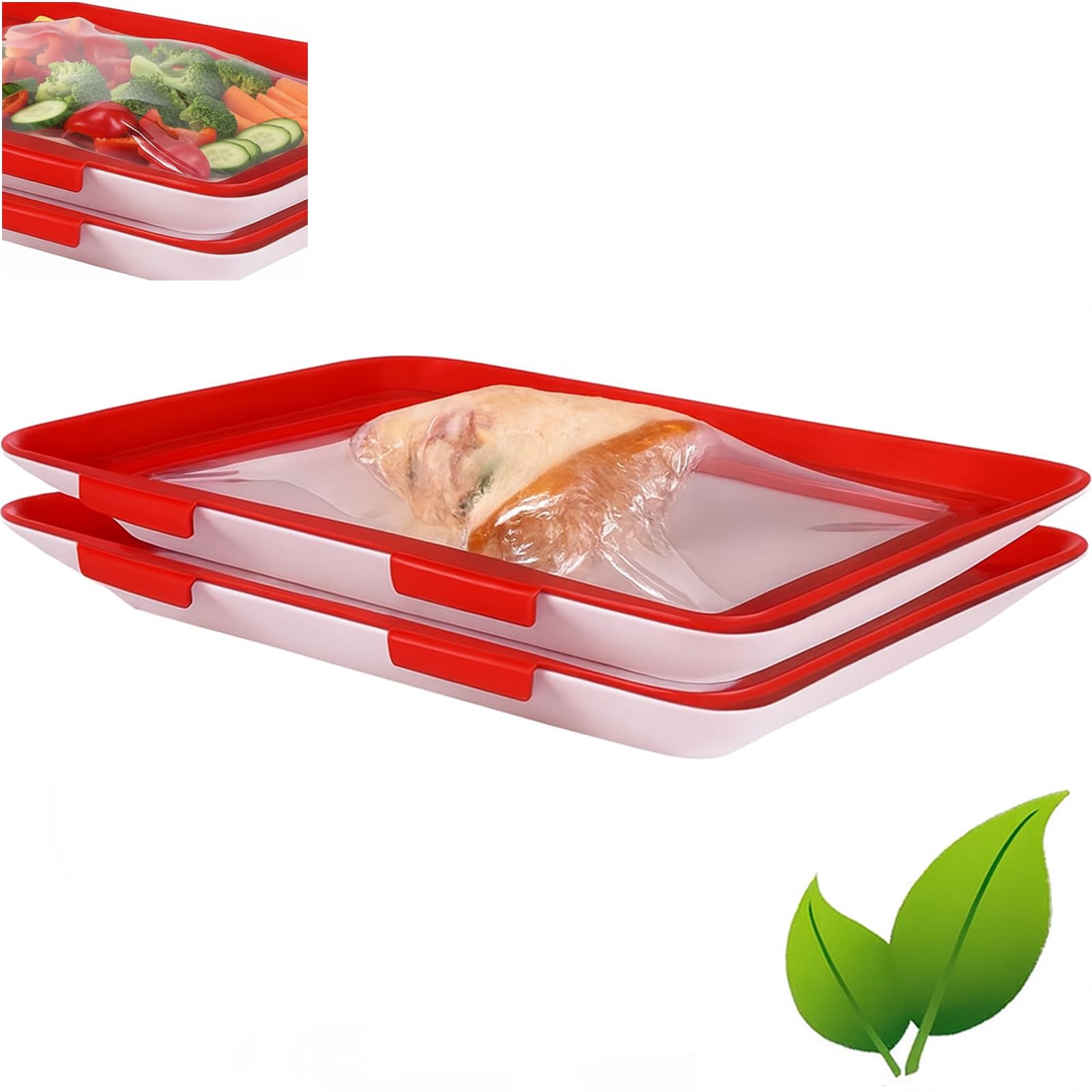 Tndckp Red*2 Reusable Food Preservation Trays With Lids, Stackable Food Preservative Tray, Storage Crudites Tray For Vegetable Salad And Various Foods(Red*2)