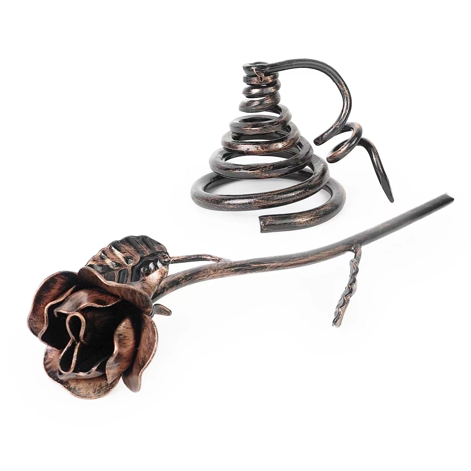 Aoneky Rose Éternelle en Fer Forgé avec Base, Forgé à la Main | Rose Artisanal Cadeau pour Marriage Anniversaire Noël Mère Femme, Cuivré