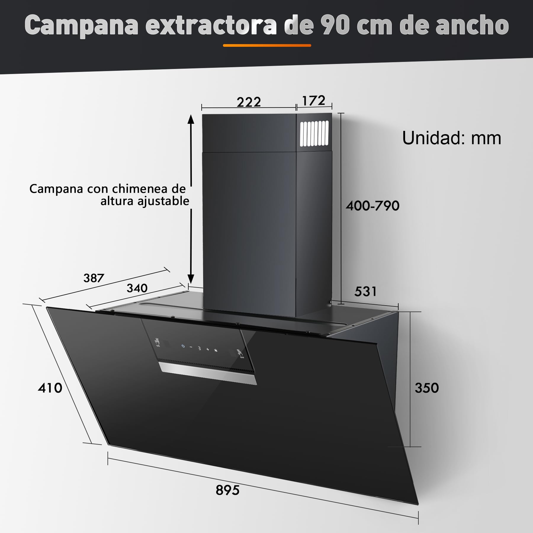 SNDOAS Campana Extractora 90 cm, 800 m³/h, Clase Energética A+++, 3 Velocidades + Modo Turbo, Panel Táctil, Gesture Control, Filtro de Carbono Activado, Recirculación/Extracción, Negro
