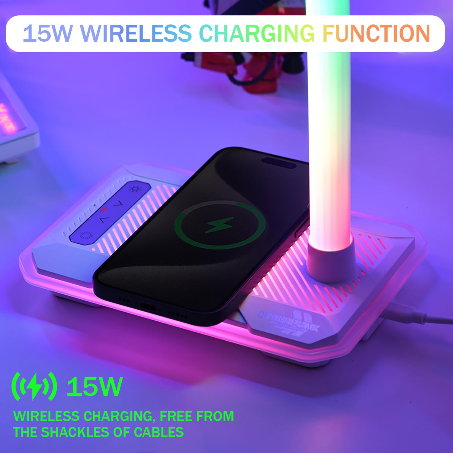 Schreibtischlampe LED Dimmbare RGB Tischleuchte mit 15W Wireless Charger und USB Ladefunktion, Musik Sync, Touch Steuerung, 8 Farbmodi , Einstellbar Schwanenhals Leselicht für Lesen Home Office, Weiß