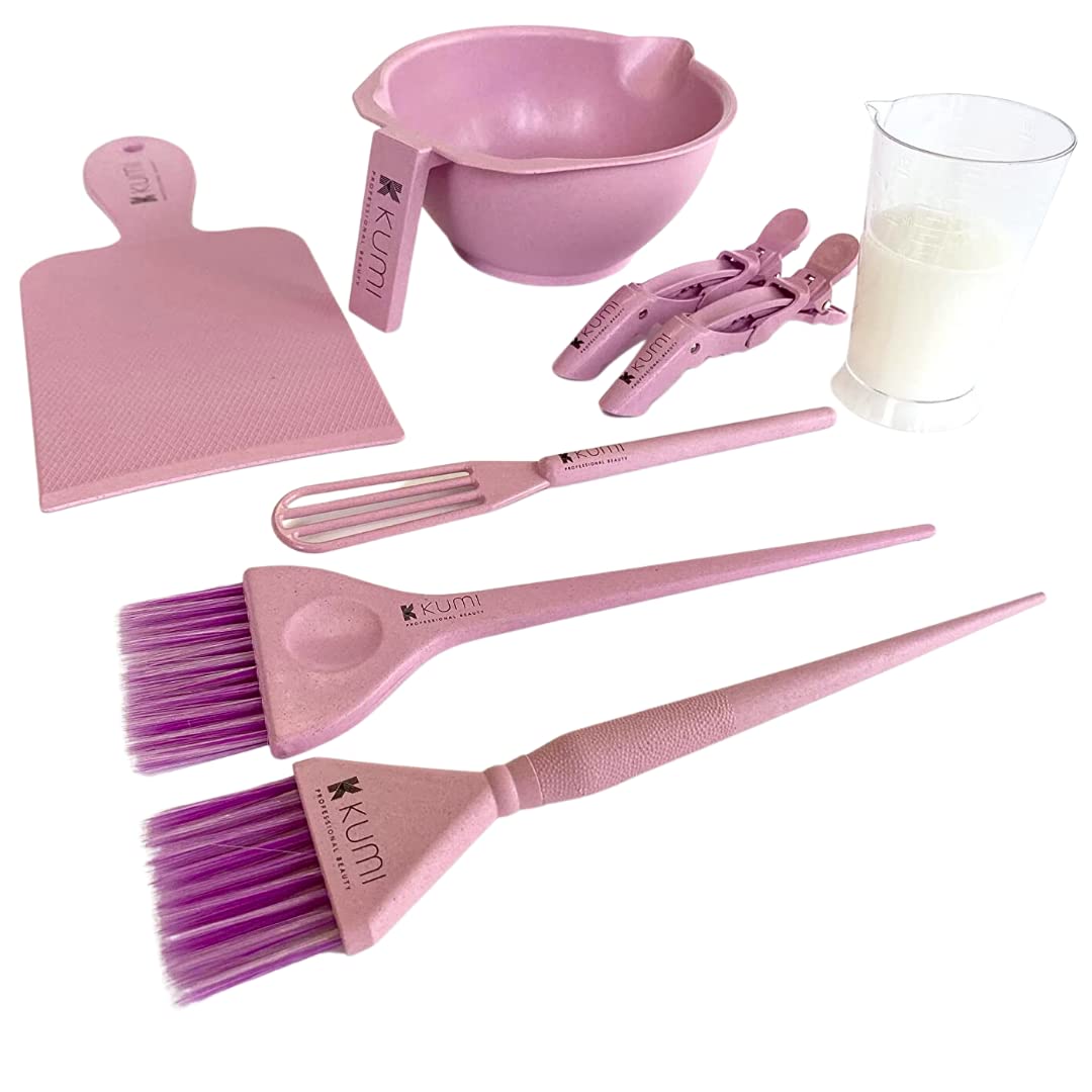 Kumi Professional 8 Piece Wheat Eco-Friendly Pink Tint Bowl and Brush Set - Ideal for Pro or Home Use