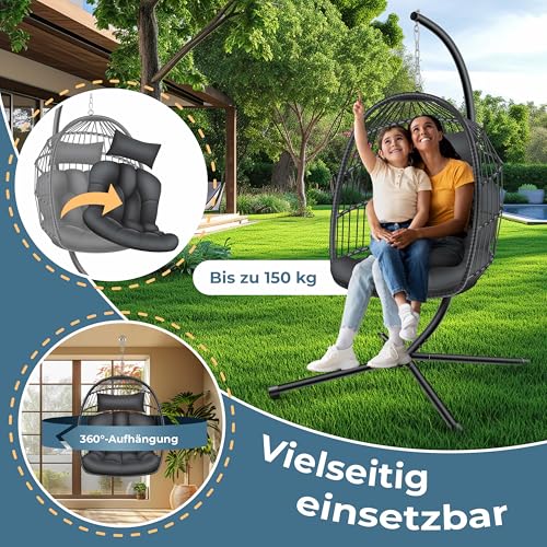 KESSER® Hängesessel Jungle mit Gestell Stahl Hängekorb Sessel Großen Kissen + Decken Halterung + Cover Hängeschaukel Hängesitz Indoor - Outdoor Schaukel Hängestuhl für Kinder und Erwachsene, Anthrazit