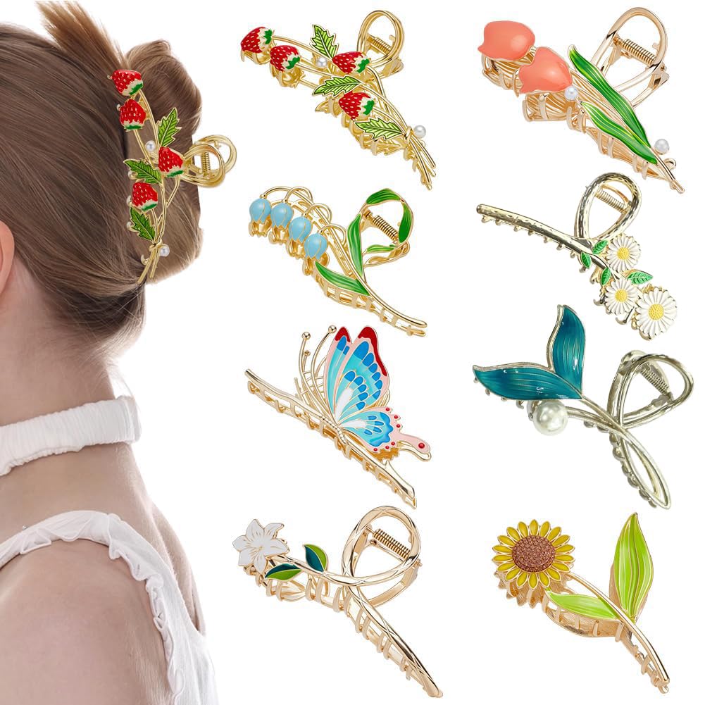 WADORN 8 pièce Ensemble de Pinces à Cheveux en Métal de Fleur, Grande Épingle à Cheveux Tendance Antidérapante avec Fixation Solide Motif Tulipe Papillon Lys Orchidées Pinces pour Cheveux Mi Épais