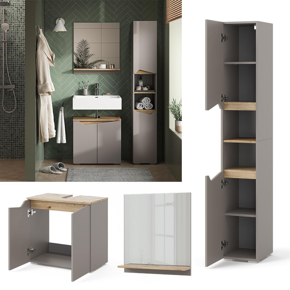 Vicco Combinación de Muebles de baño Marelle, Gris, 60 cm | compuesto por mueble bajo lavabo, espejo con armario y columna de baño
