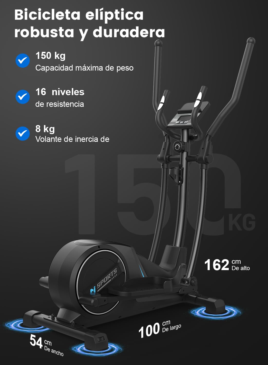Elíptica para Casa, Bicicleta Elíptica Magnética Ultrasilenciosa con 16 Niveles de Resistencia, Volante de Inercia de 8 kg, Zancada de 42 cm, Monitor LCD, Portabotellas, Carga Máx 150 kg