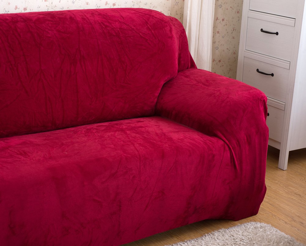 Miękkie pokrowce na sofę 1/2/3/4-osobowa sofa ochraniacz aksamit łatwe dopasowanie elastyczny materiał elastyczny gruby pokrowiec na kanapę (3-osobowa: 195-230 cm, czerwone wino)