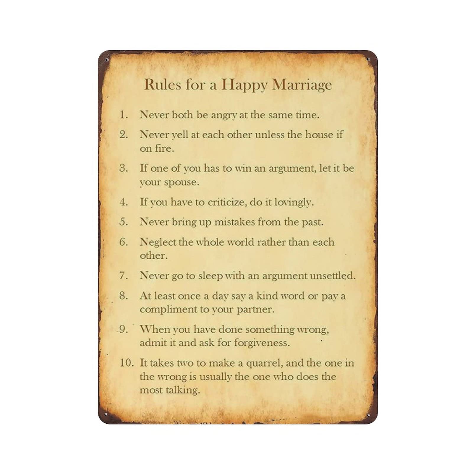 Metal Tin Sign Rules for A Happy Marriage Vintage Tin Poster Metal Sign Wall Decoration Country Kitchen Home Garage Decor 16"x12"