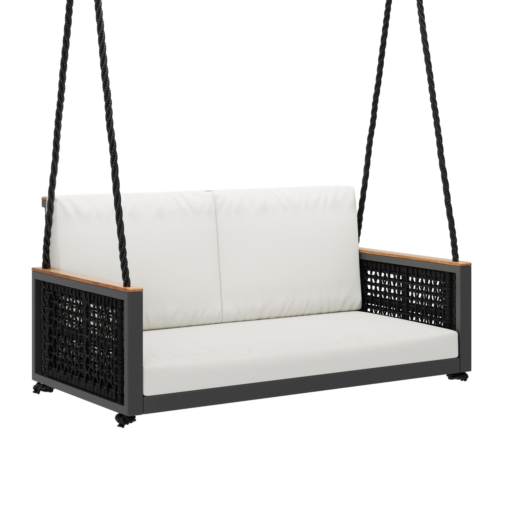 East Green Linden 4 Foot Aluminum and Teak Porch Swing with Cushion - Metal Modern Porch Swing, Weather-Resistant Olefin Cushion and Back Pillows