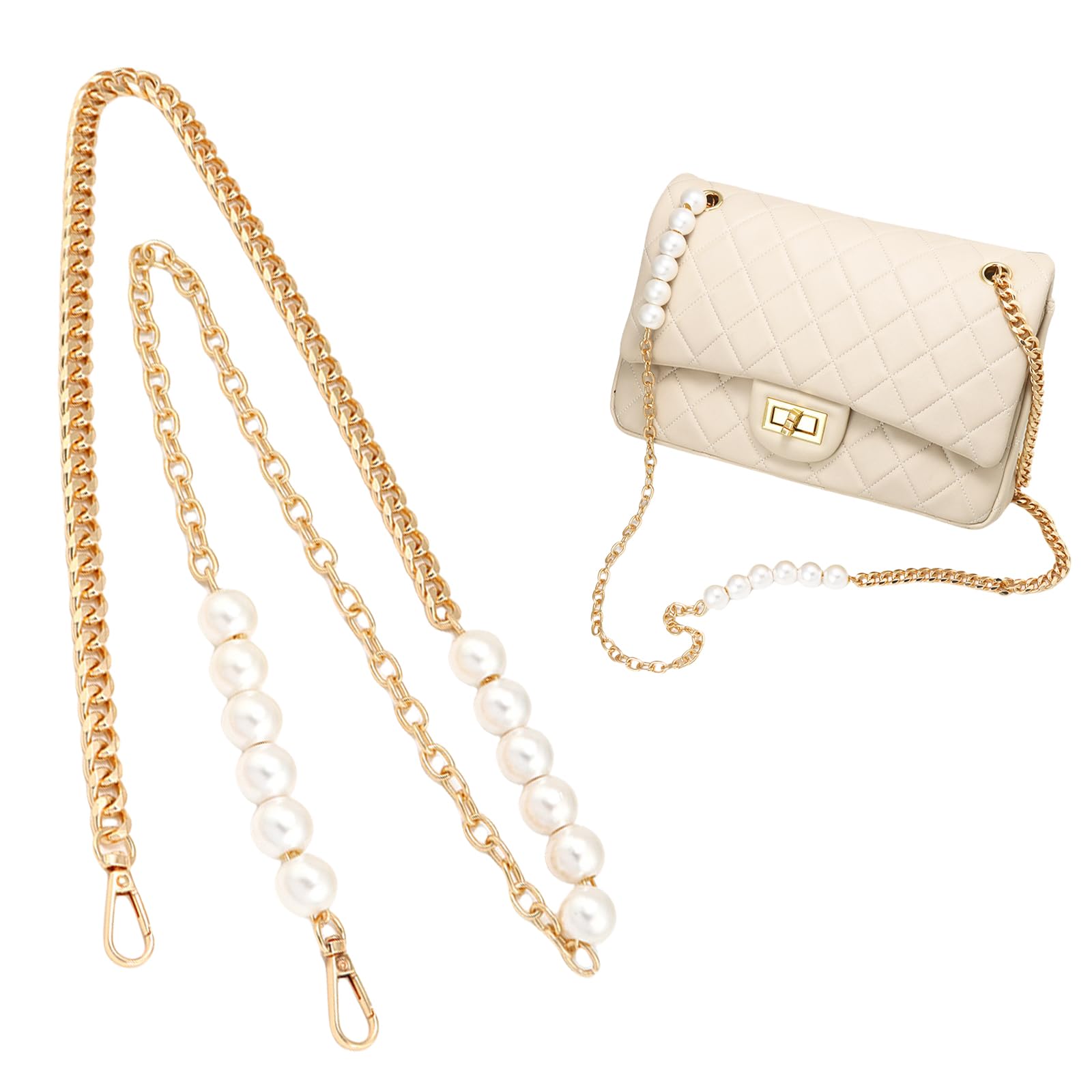 Bag Belt Strap, Gold Pearl Chain Handbag Straps, Replacement Purse Shoulder Strap, Cross-body Bags Charms Accessories For Women Elegant DIY Accessory