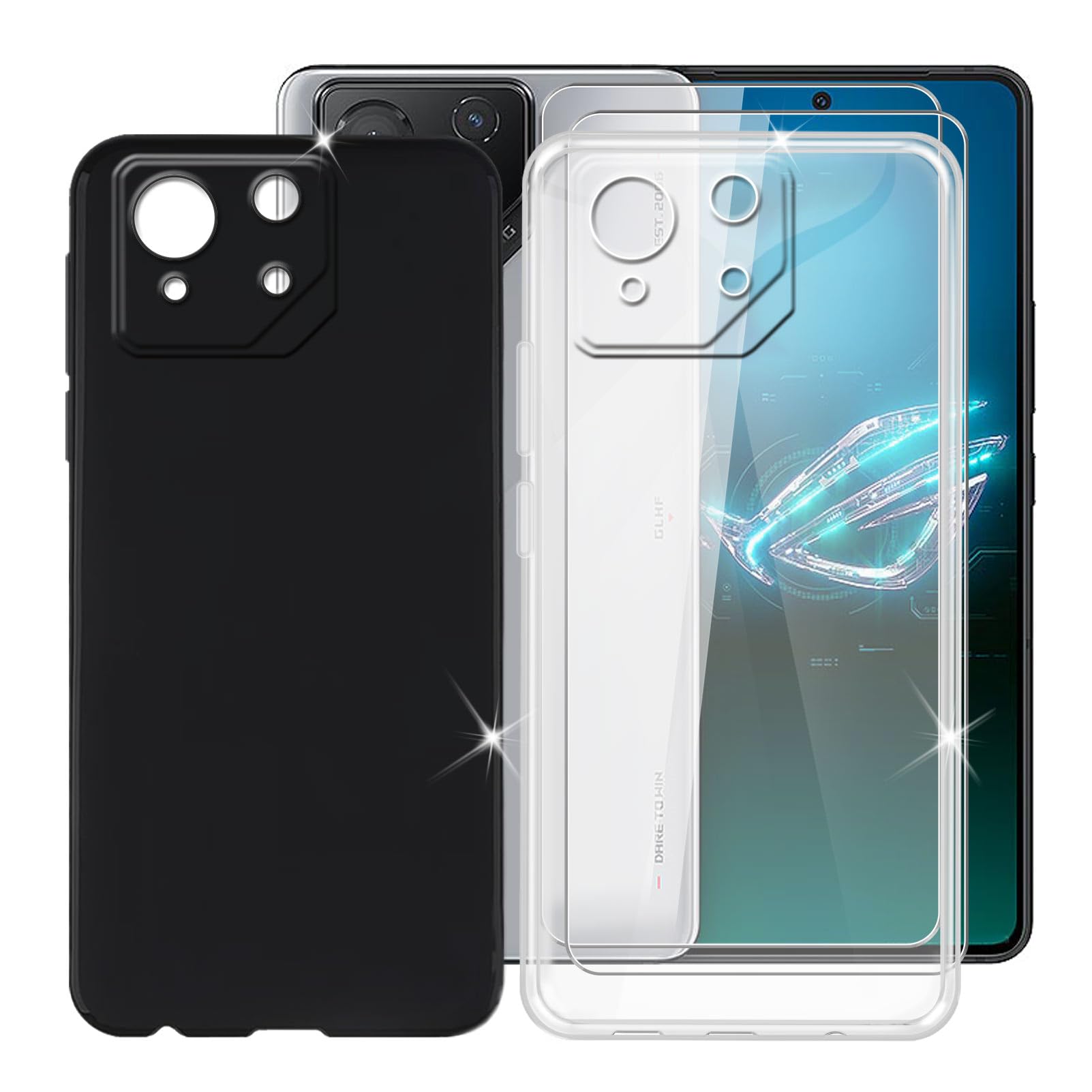 For Asus ROG Phone 8 (6.78 inches) Mobile Phone Case + Screen Protector (2 Sets), 2 Cases Non-Slip Bumper Case Shell Protective Cover + Tempered Glass - Black + Transparent