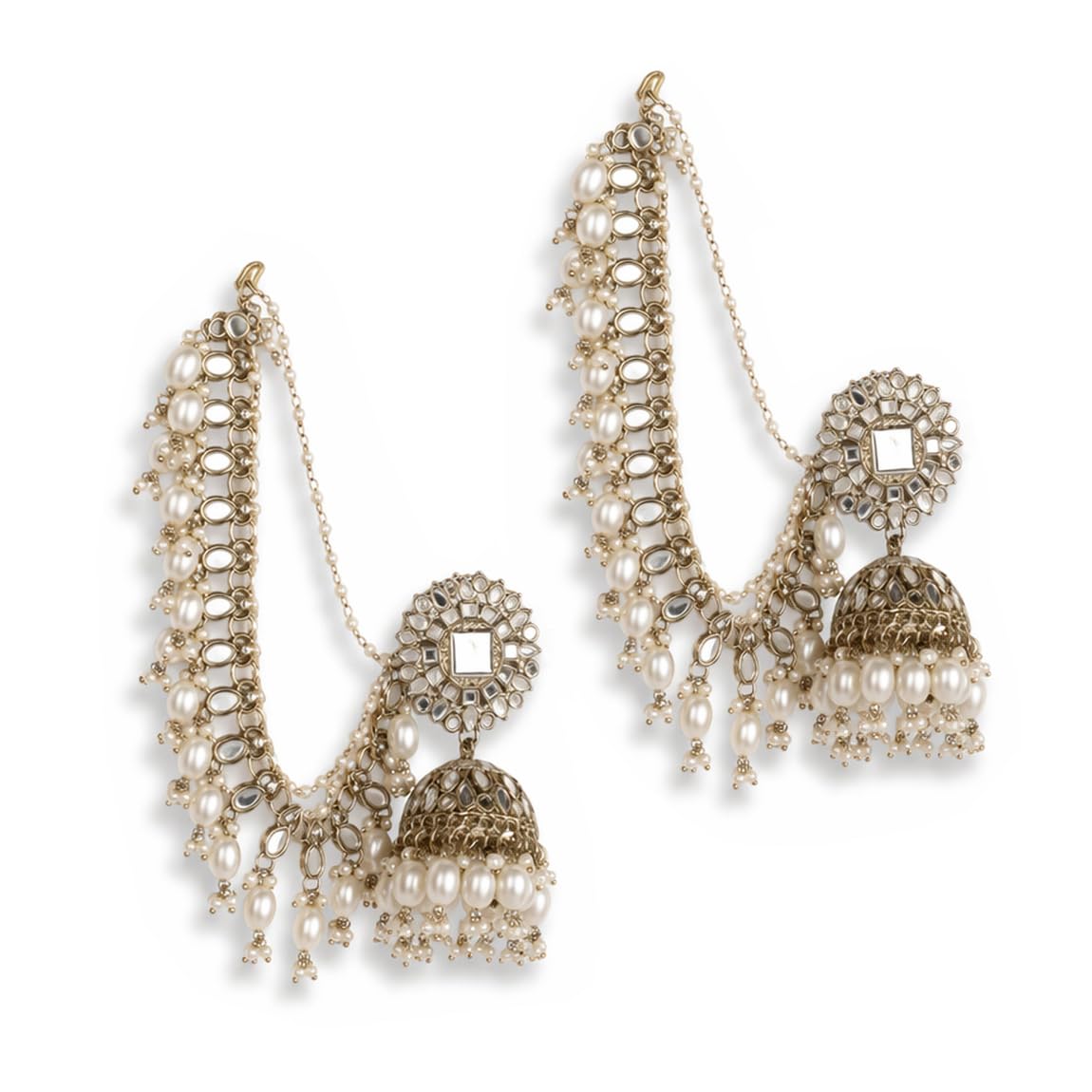 Earrings for Women Girls Stylish Latest Fancy Traditional Jhumka Jhumki Bahubali Mirror Pearl Ear Chain Set (17111er)