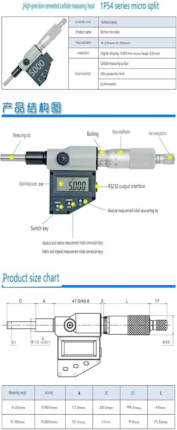 Electronic Micrometer Heads 0-50 0.001mm Flat Thread Knob Micrometer Head(0903-534flat 0-25mm)