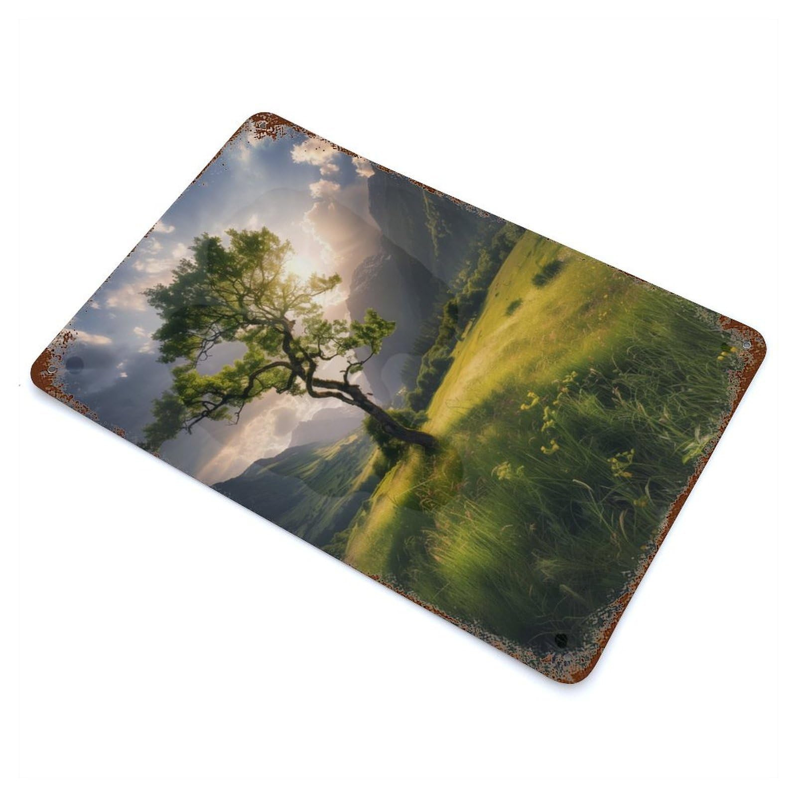 Rusty Metal Tin Sign Lone Tree at Dawn 11.8"x7.9", Industrial Home Decor for Patio, Garden Room And Bar Decor