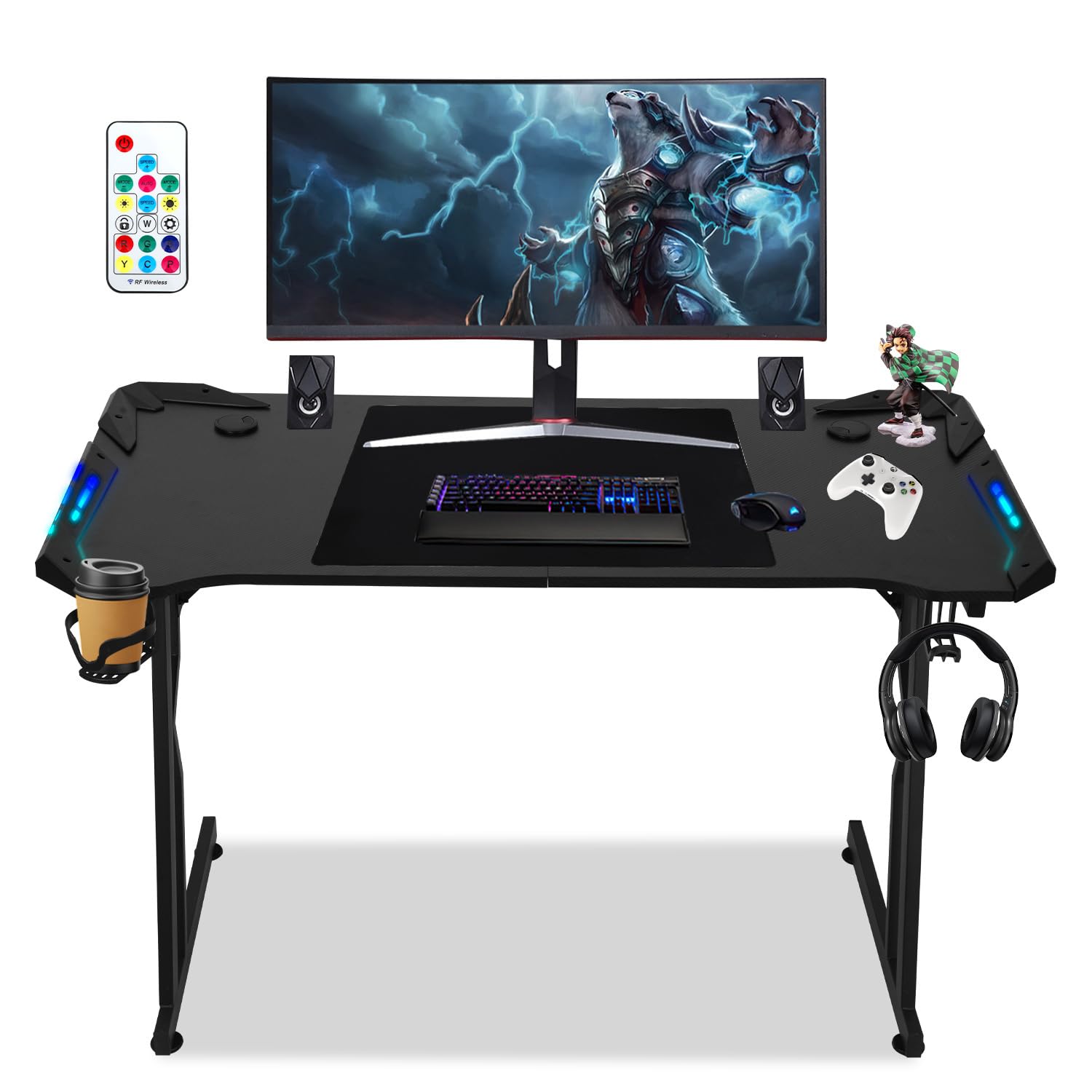 Scrivania Gaming LED 140 x 60cm, Tavolo Gaming Ergonomica, Postazione Gamer con Superficie in Fibra di Carbonio, Scrivania per Computer con Porta Tazza e Gancio per Cuffie, Nero