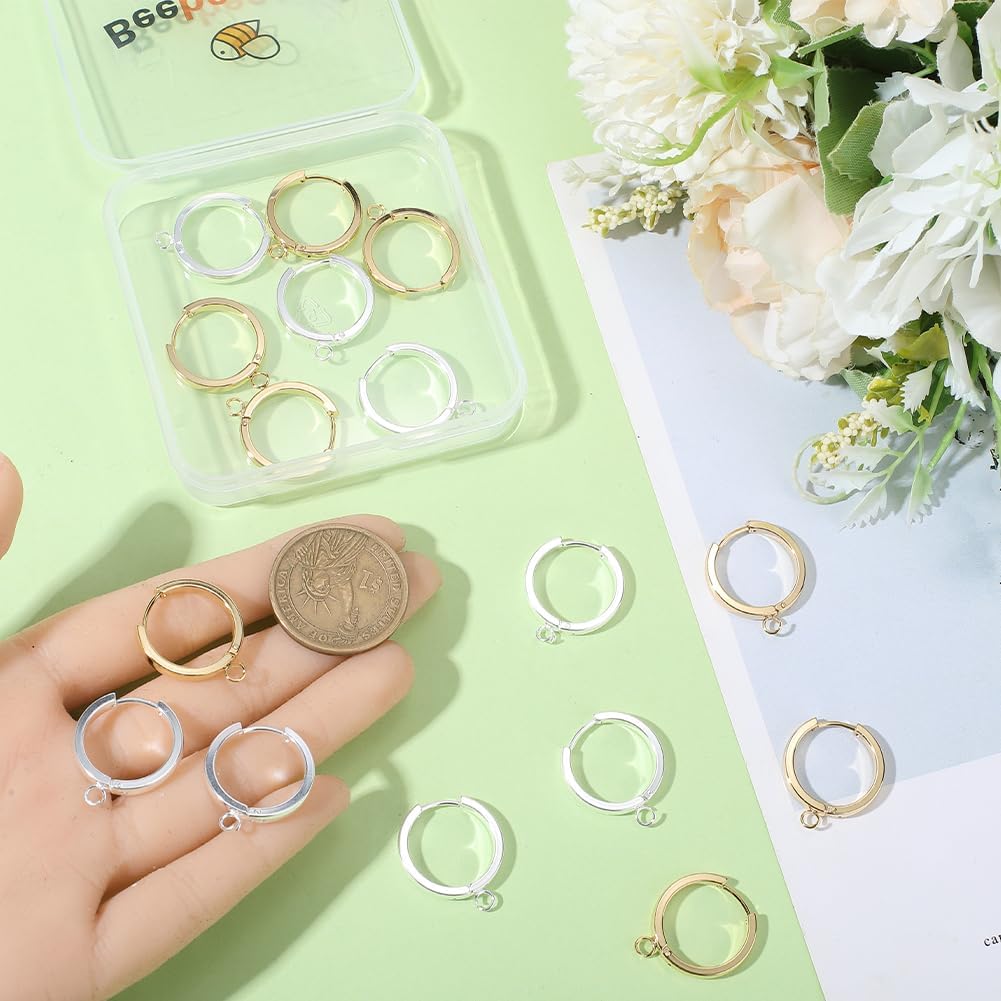 Beebeecraft 1 Box 16Pcs Round Earring Hooks 24K Gold & 925 Sterling Silver Plated Huggie Hoop French Leverback Earring Findings with 316 Surgical Stainless Steel Pins for Jewelry Making Supplies image 3