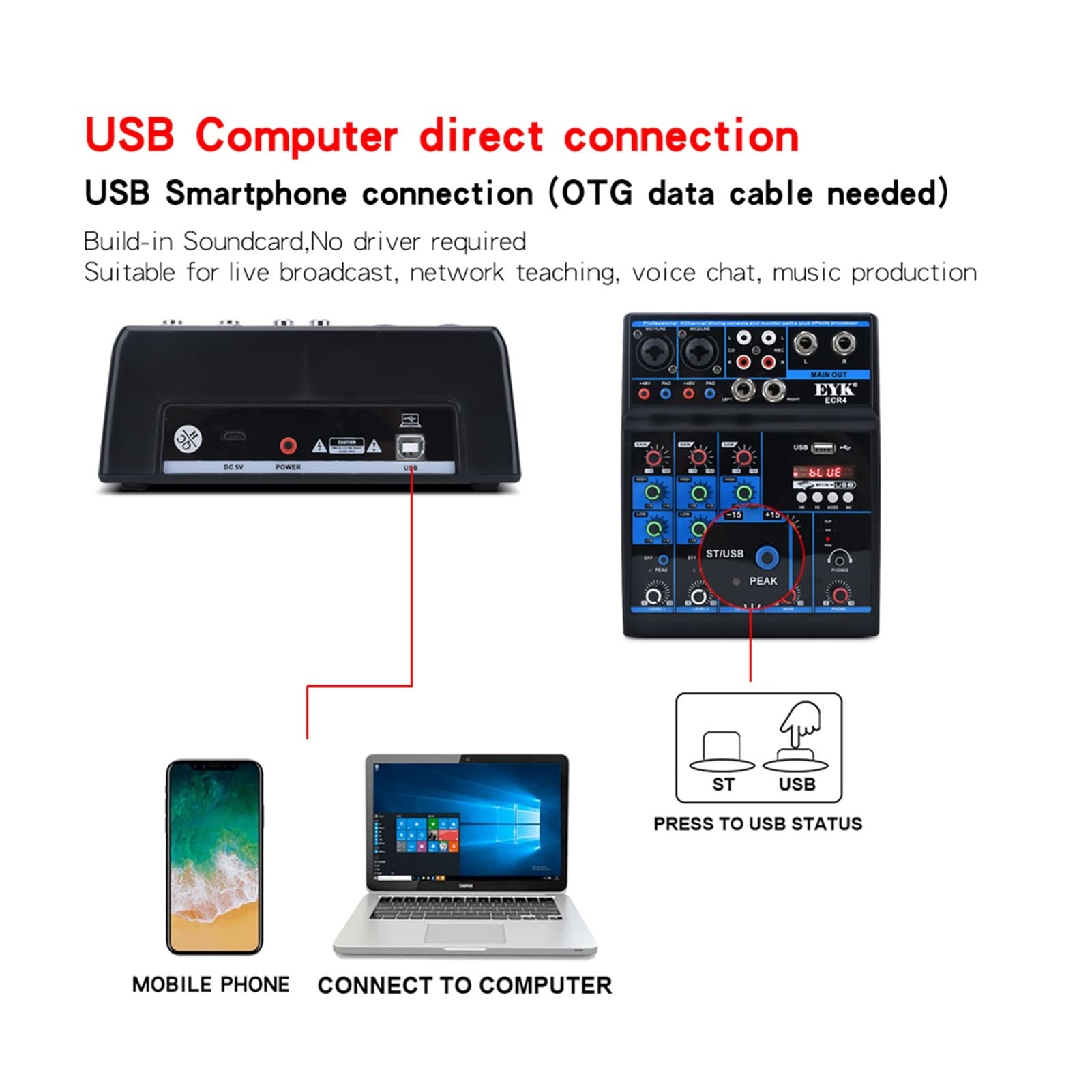 Attrezzatura per DJ per Feste Mixer Audio con Scheda Audio a 4 canali Stereo miscelazione Console Bluetooth Compatibile USB for PC Riproduzione del Record del Computer(White)