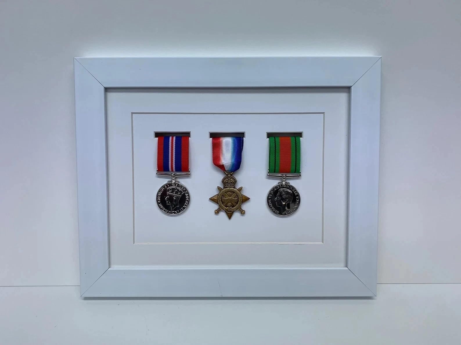 Kwik Picture Framing Ltd 3 Medal War Medal Display Frame 32x27cm, White Mount - Military Shadow Box Display Case | Army RAF Navy Wall Mounted Memorabilia