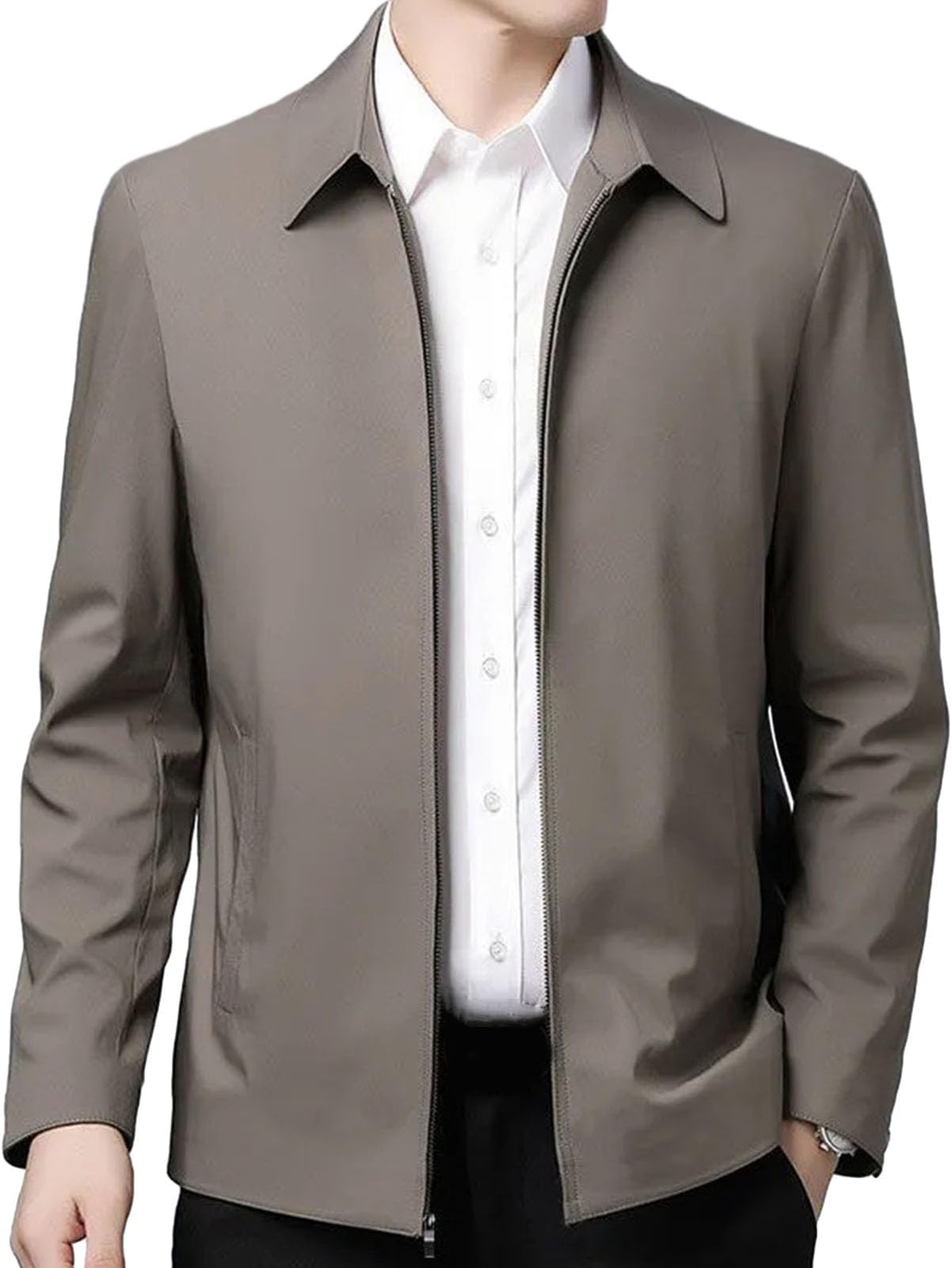 Solid Color Men Jacket Lapel Mid-aged Elderly Long Sleeve Zipper Closure Straight Formal Business Casual Soft Spring Fall Daily Coat Two Side Khaki 3XL
