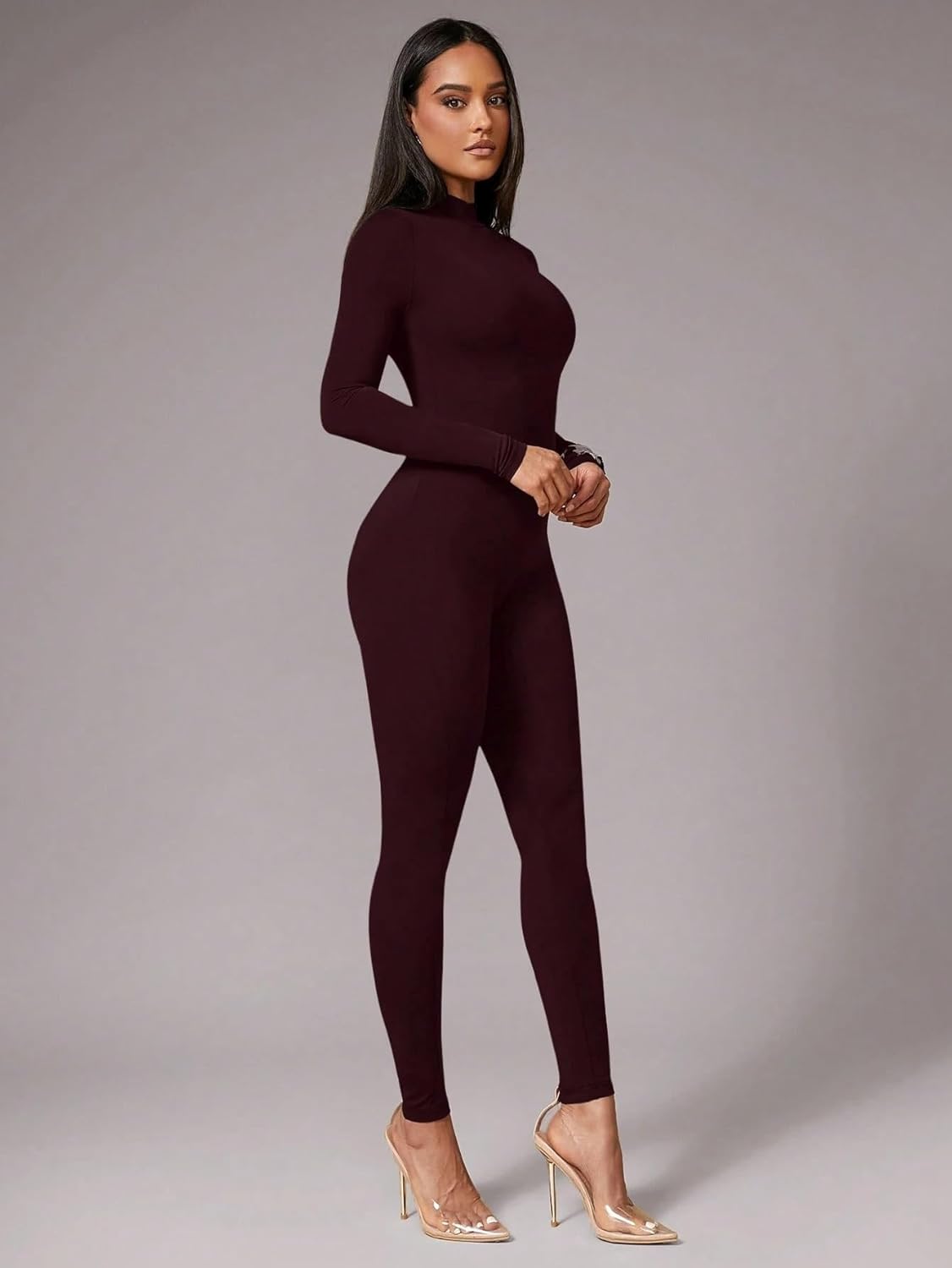 Women's Summer Casual Jumpsuit Long Sleeve Stretch Knit Square Neck Jumpsuit Beach Fashion Romper