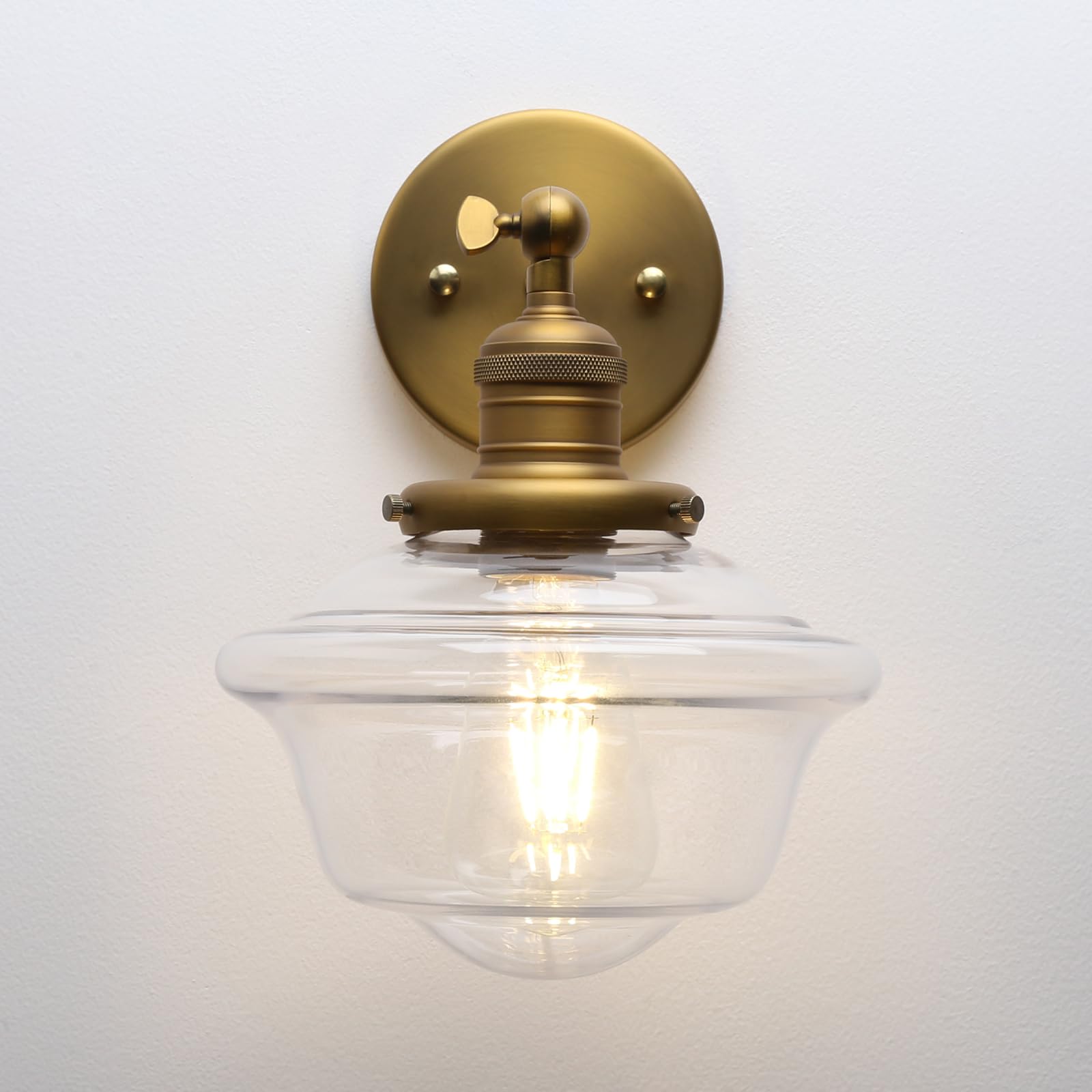 Pathson 1-Lumière Applique Murale, Luminaire Mural Industriel, E27 Lampe Murale Abat-jour en Verre Transparent pour Salle de bain, Miroir de Courtoisie, Chambre à Coucher, Cuisine (Laiton Antique)