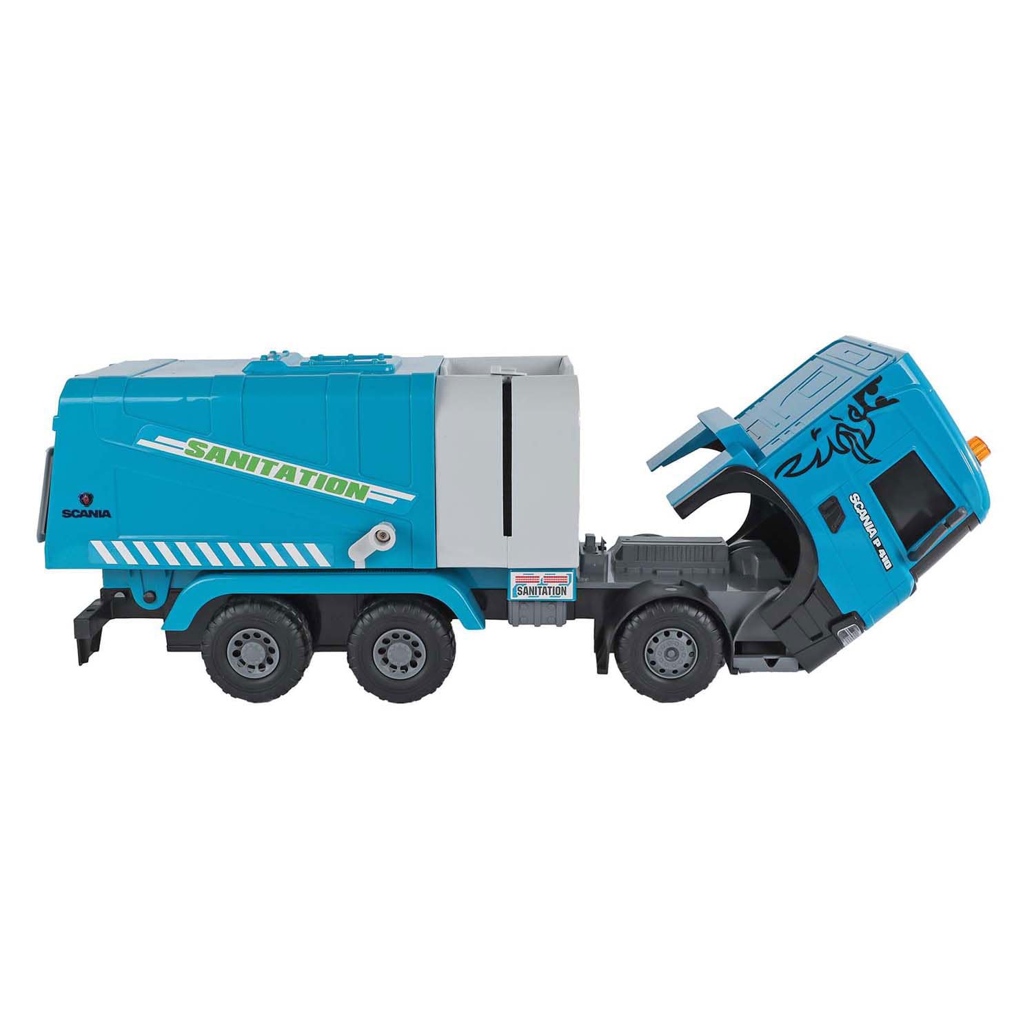 Kids Globe 2Play Scania Müllabfuhr (blau, mit Licht und Sound, Friktionsantrieb, bewegliche Klappen, 56x20x30 cm, Kinder Fahrzeug, Fahrzeug zum Spielen, Müllabfuhr für Kinder) 510424