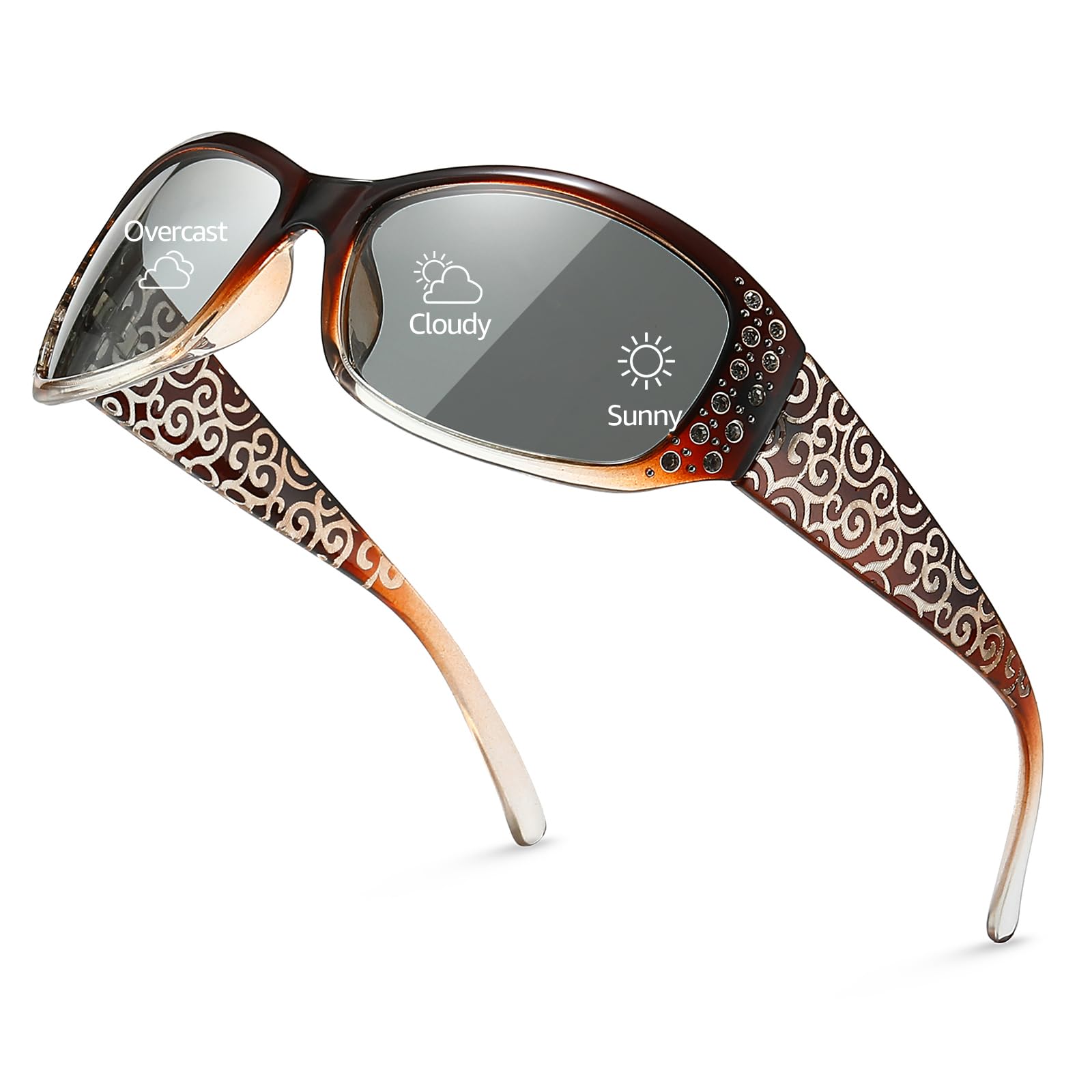 TJUTR Polarisierte Selbsttönende Sonnenbrille für Damen mit UV400 Schutz Adaptive Lens und Strass Dekoration Wellenmuster Bügel für Autofahren, Sport & Alltag