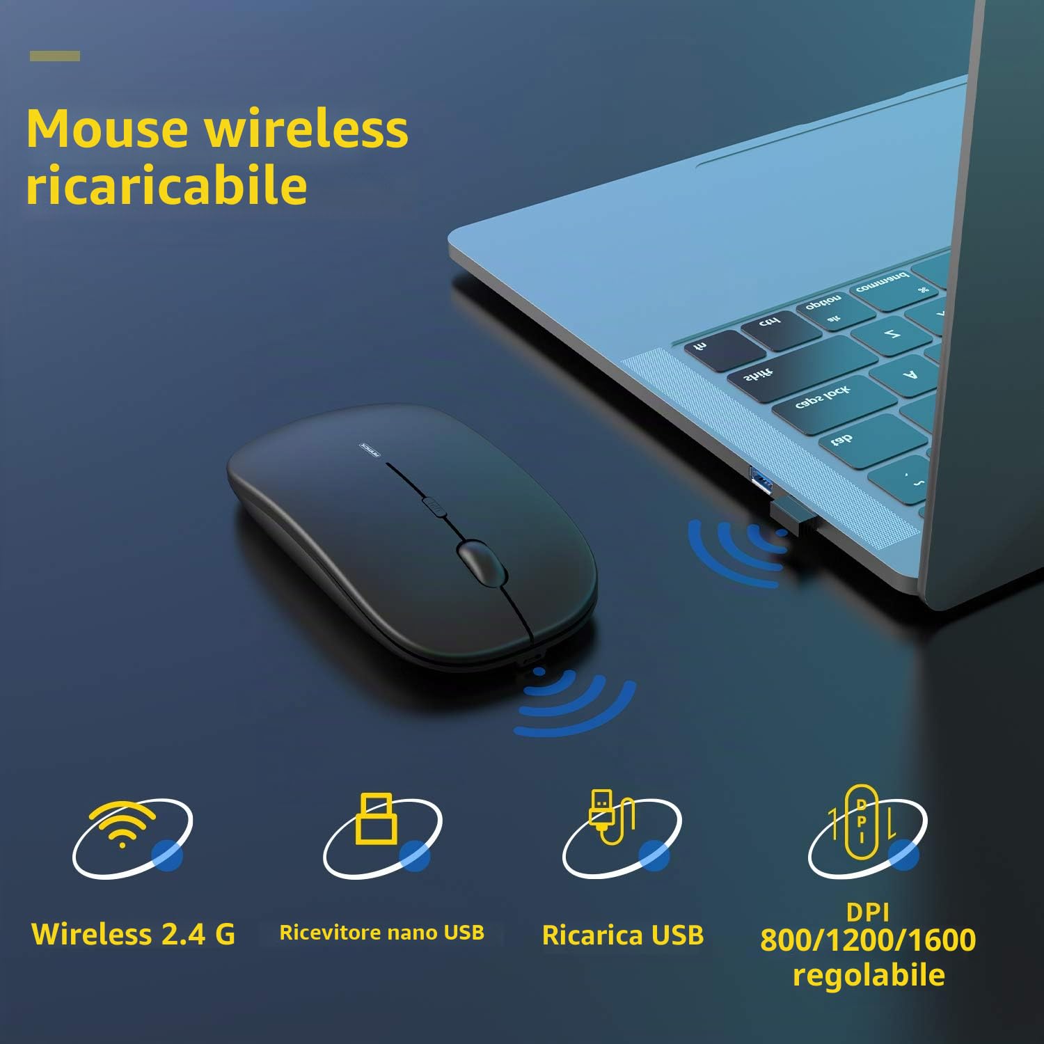 Mouse wireless silenzioso USB senza fili, sottile, ricaricabile, 10 m di distanza, 1600 DPI, 3 livelli di regolazione, silenzioso, per casa e ufficio per Windows, Mac OS e Linux, nero