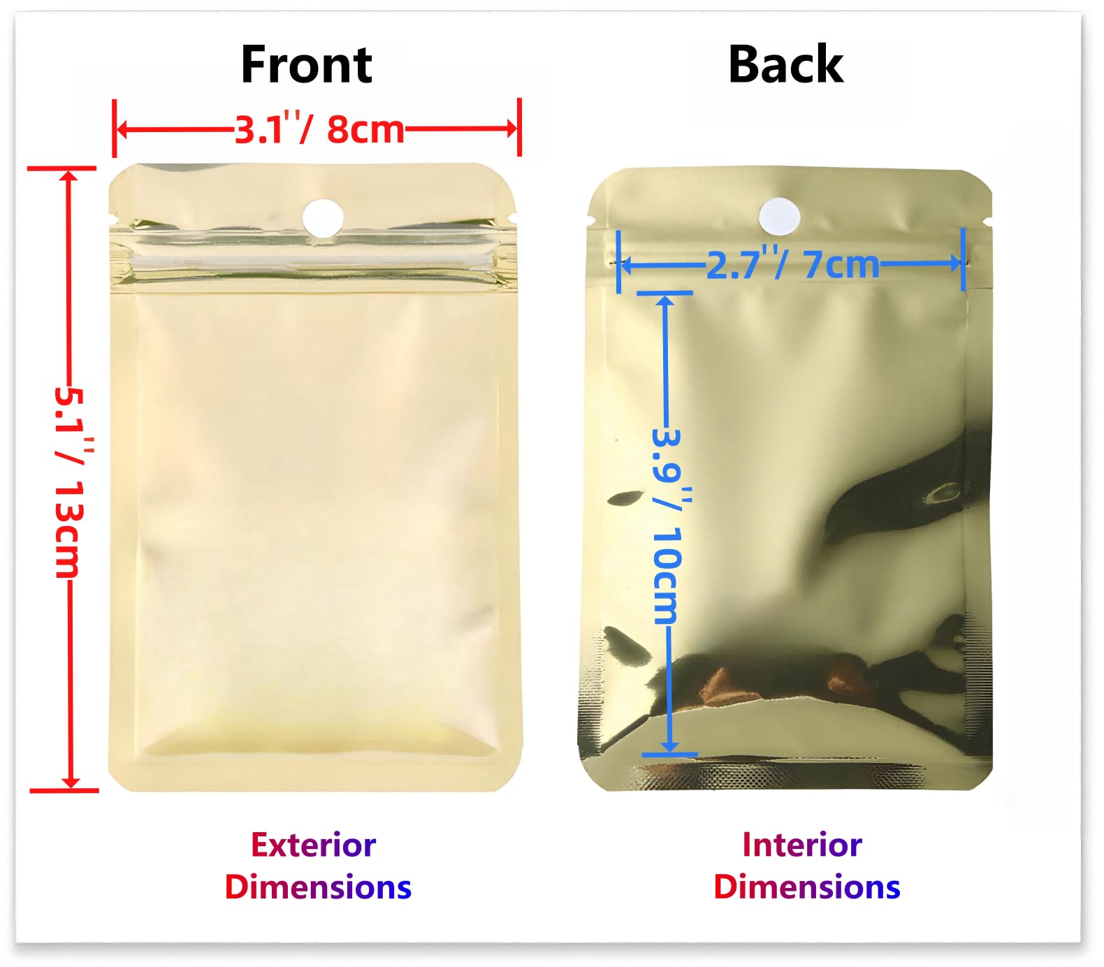 Rimiko 100pcs Reusable Metallic Yellow 3.1"x5.1" Polyethylene Plastic Pouch Resealable Zipper Mylar Bags with Hanging Hole - Image 2