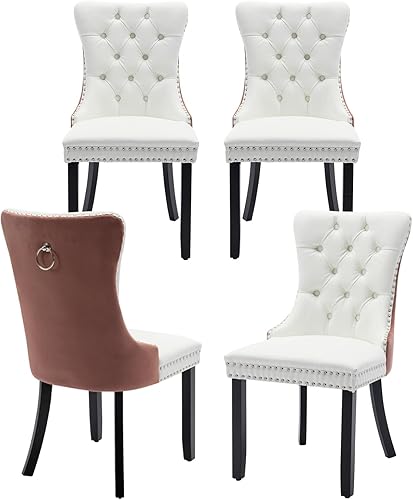 Miniatura 50 de Juego de 6 sillas de comedor marrones, sillas de comedor tapizadas con tela de lino acolchada con capitoné, con respaldo alto, ribete de tachuelas y