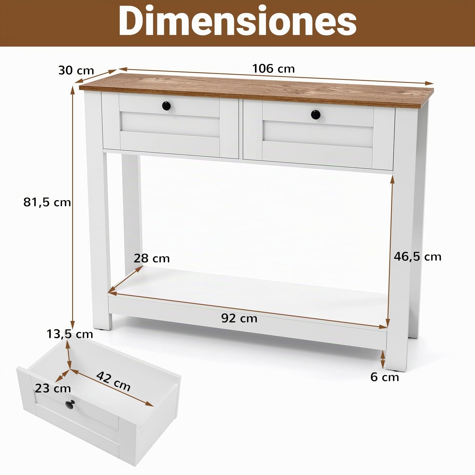 COSTWAY Consola Recibidor con 2 Cajones, Mesa de Entrada Estrecha con Estante Abierto, Mesa Auxiliar con Kits Antivuelco para Salon, Pasillo, Entrada, 106 x 30 x 81,5 cm