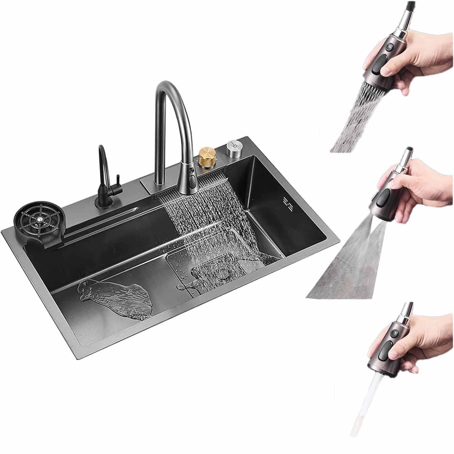 ZQFHSX Kitchen Sink with PullOut Faucet Single Bowl Dishwashing 72x45x20cm Includes Cutting Board & Cup Washer Perfect for Home Use and Efficient Cleaning