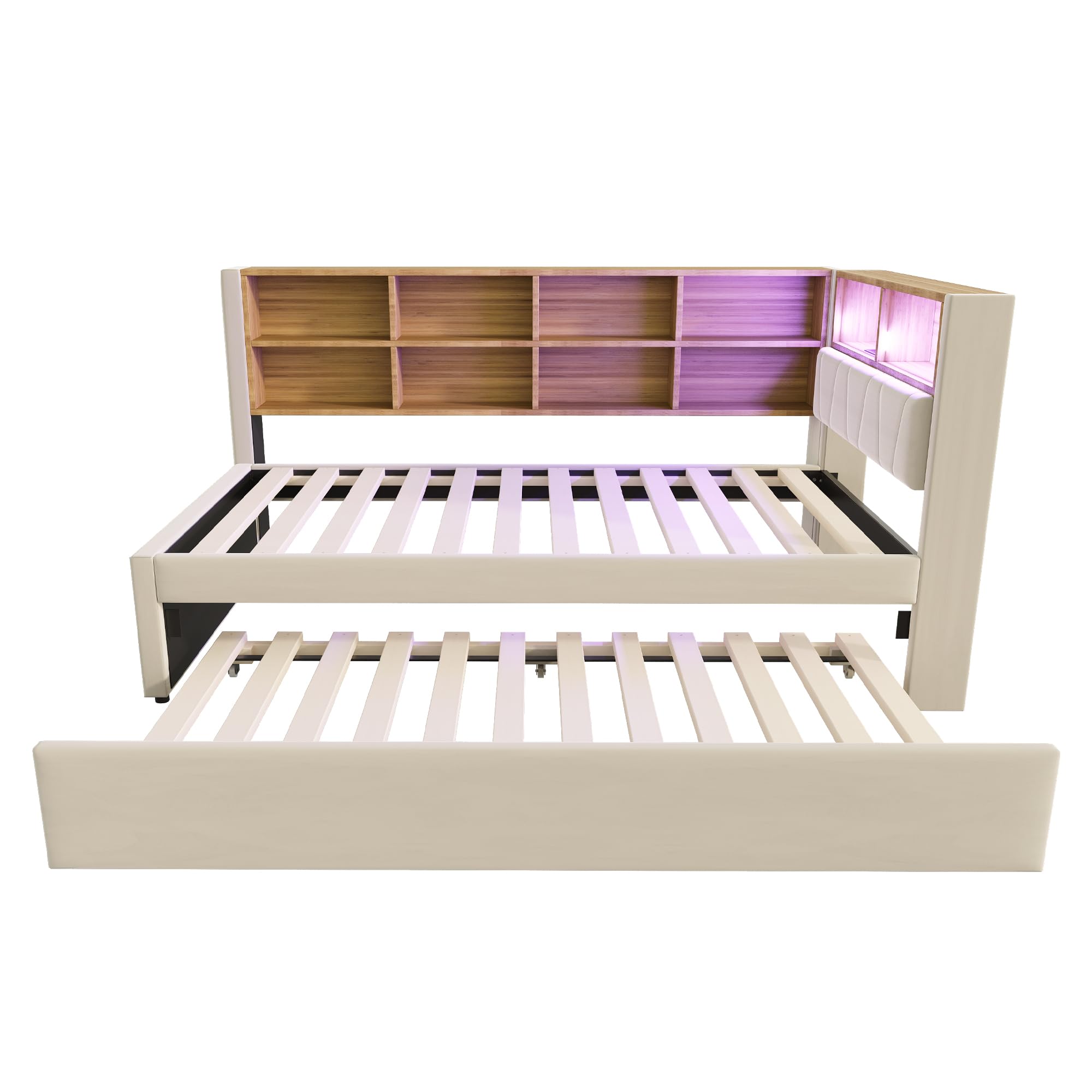 Moimhear Divano letto 90 x 200, letto estraibile 90 x 190 cm, con presa USB e molti scomparti, letto imbottito, divano letto multiuso, letto singolo (beige)