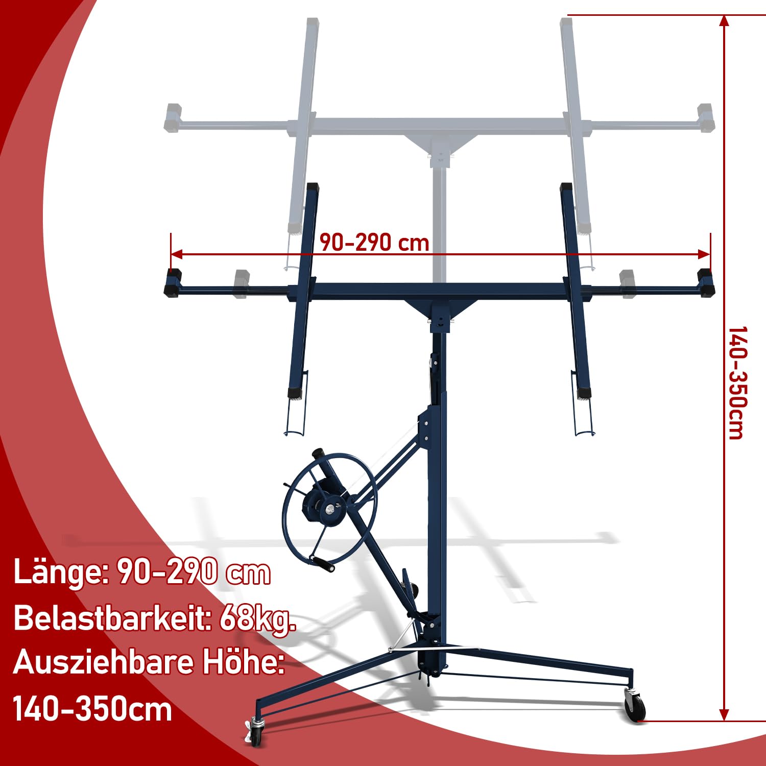Podnośnik do płyt XXL, z regulacją wysokości 140-350 cm, 3 koła z hamulcem postojowym, maks. szerokość ramienia obciążeniowego 290 cm, nośność 68 kg, składana, pomoc montażowa do suchej
