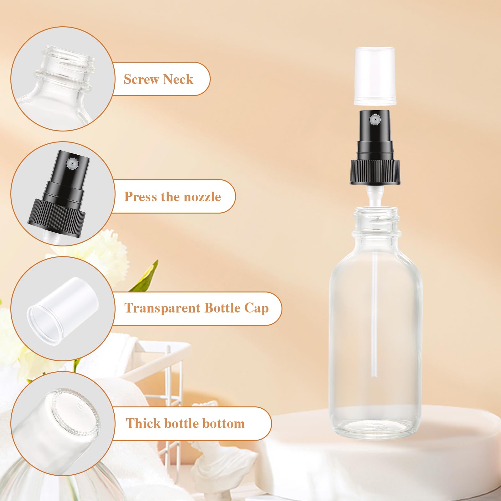 Confezione da 48 flaconi spray in vetro trasparente, ricaricabili, per oli essenziali, soluzioni detergenti, piante, cura dei capelli e viaggi, a prova di perdite