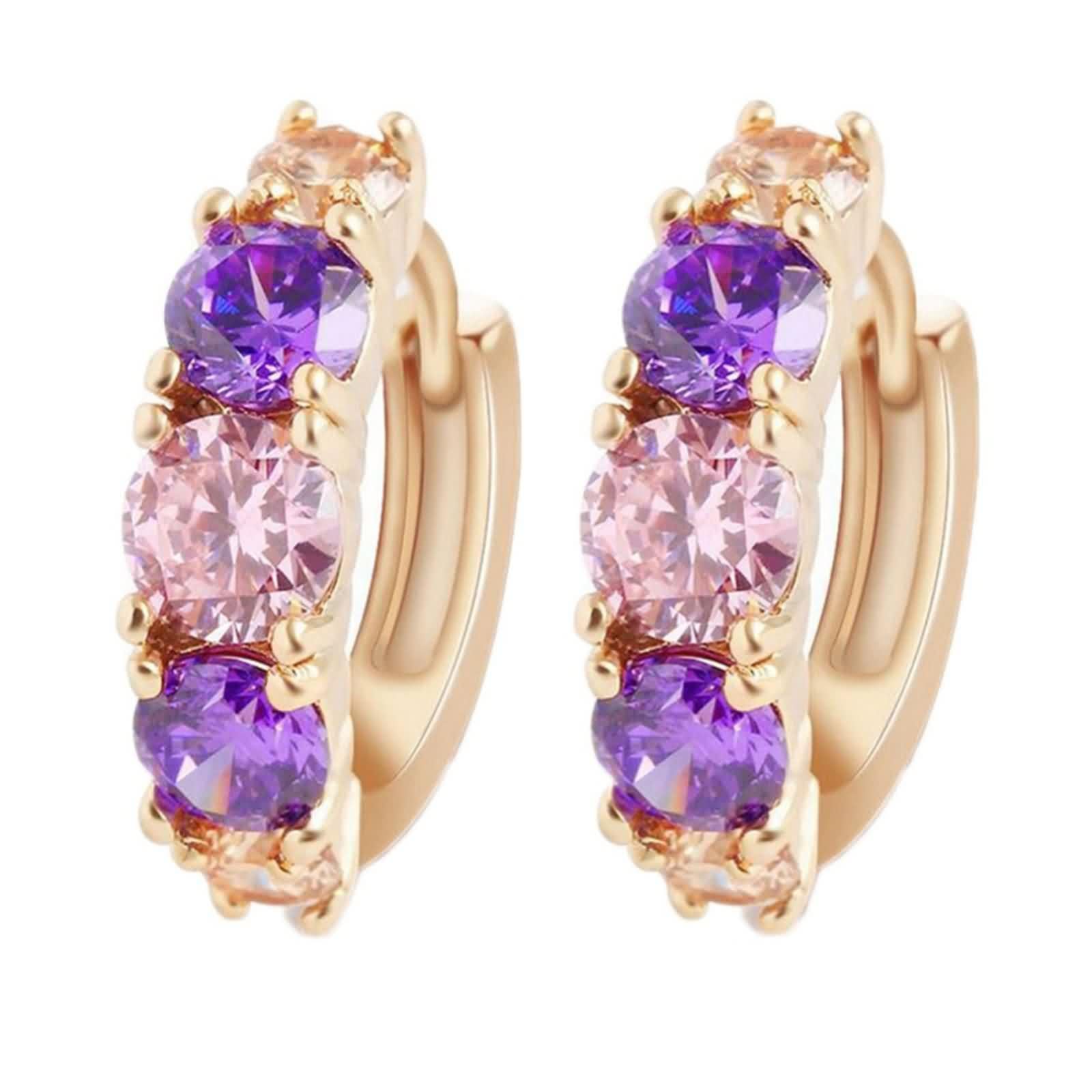 Pendientes de aro para mujer, oro amarillo de 14 quilates, Au585, multicolor, amatista rosa, cristal aro, pendientes de aro para mujer, pequeños pendientes de oro de 14 quilates