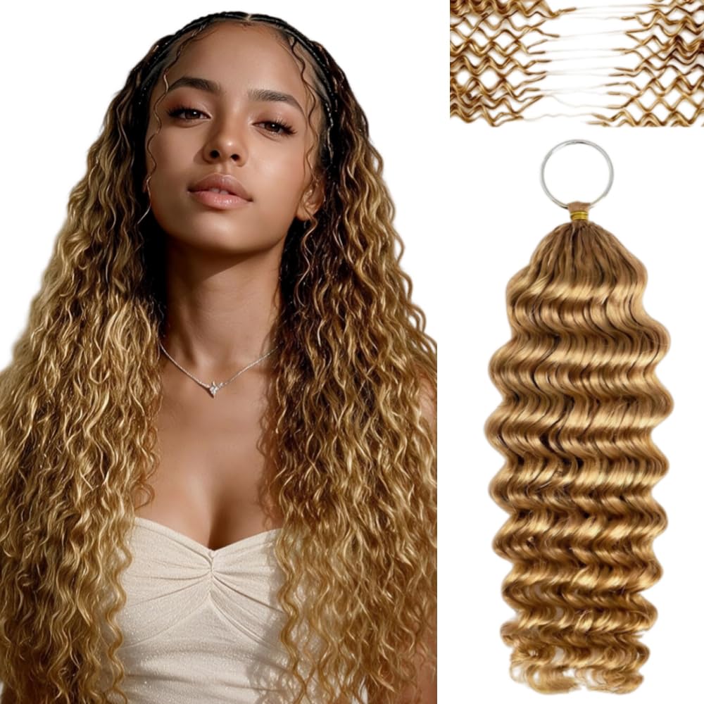 Capelli umani ondulati all'uncinetto, con piume pre-separate, leggere, riutilizzabili, 50 g, #27 biondo miele, 35,6 cm