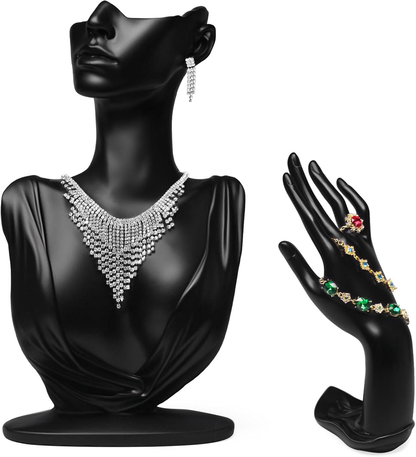 2Pcs Jewelry Mannequin Set, Necklace Bust Mannequin Earring Stand Bracelet Ring Display Hand Jewelry Holder for Selling Show(Black)